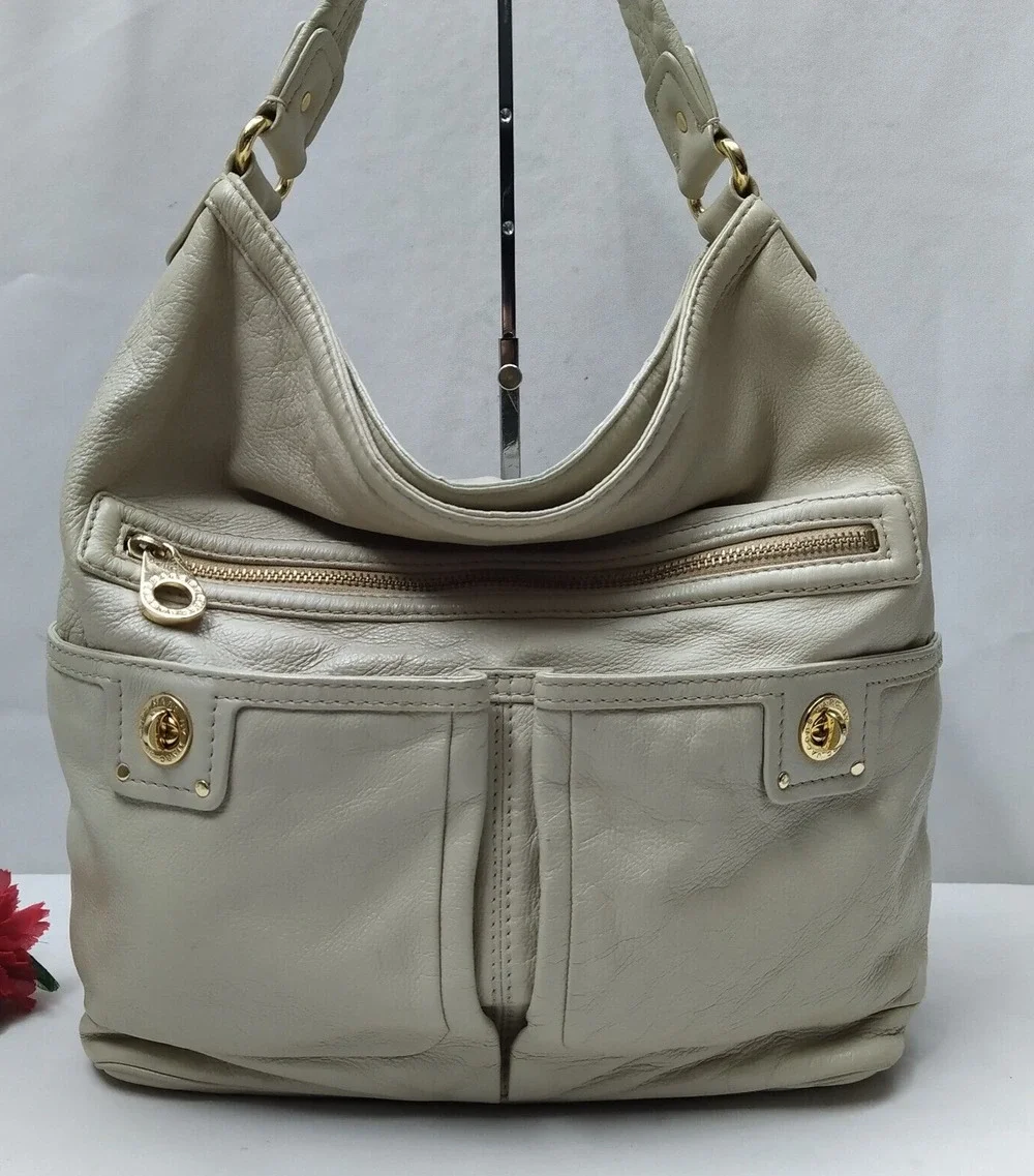 Marc By Marc Jacobs Off-White Leather Turnlock Pockets Zipper Hobo Shoulder Bag